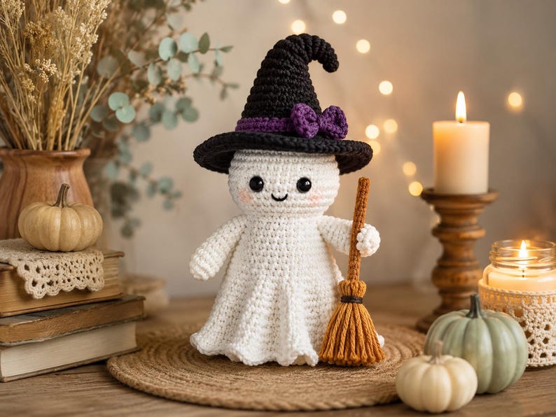 May include: A white crocheted ghost doll wearing a black pointed witch hat with a purple bow. The ghost has black bead eyes, a small stitched smile, and pink cheeks. It holds a small brown yarn broomstick in its hand, featuring a textured crochet stitch pattern throughout the body.