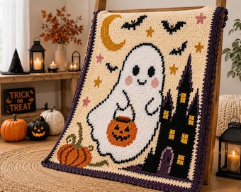 Crochet Ghost Halloween C2C Blanket Pattern with Written Instructions | Corner to Corner Crochet PDF