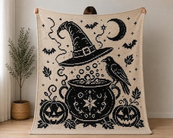 The Witch's Cauldron C2C Crochet Blanket Pattern | Halloween Graphgan | Witch Hat, Cauldron & Raven | Illustrated PDF Pattern