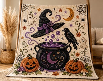 Witch's Cauldron C2C Crochet Pattern, Halloween Graphgan Blanket PDF, Witch Hat Raven Ghost Pumpkin Afghan, Instant Download