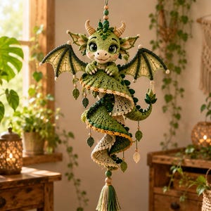 PDF-mönster för virkad vindspinna med drakemönster – Amigurumi Ombré spiralformad svanshängare, 24–26 tum, avancerad nybörjare/medelnivå