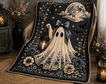 Ghost C2C Crochet Blanket Pattern PDF, Gothic Floral Graphgan, Spooky Halloween Throw, Instant Download
