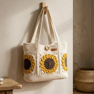 May include: A cream-colored crochet tote bag featuring three prominent sunflower motifs in yellow and dark brown. The bag has two shoulder straps, a small wooden button closure at the top center, and a rectangular brown label on the front.
