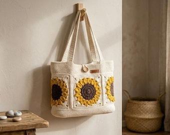 Sac fourre-tout tournesol au crochet - Sac de marché bohème carré grand-mère
