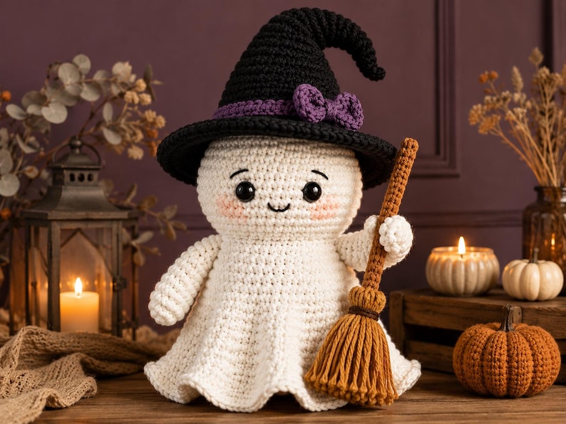 May include: A white crocheted ghost doll wearing a black witch hat with a purple bow. The ghost has black safety eyes, a small stitched smile, and pink blush on its cheeks. It holds a brown crocheted broomstick in one hand, featuring a textured handle and a fringed base.