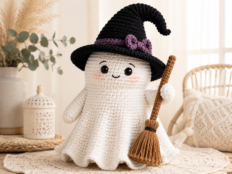 May include: A white crocheted ghost doll wearing a black witch hat with a purple band and bow. The ghost has black safety eyes, a small stitched smile, and pink cheeks. It holds a brown crocheted broomstick with a textured handle and bristles.