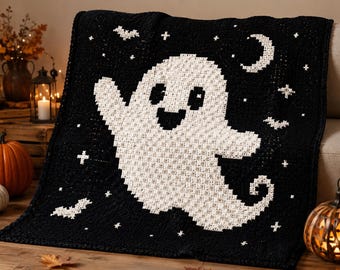 Crochet Ghost Halloween C2C Blanket Pattern PDF – Corner to Corner Throw with Written Instructions, Beginner Friendly