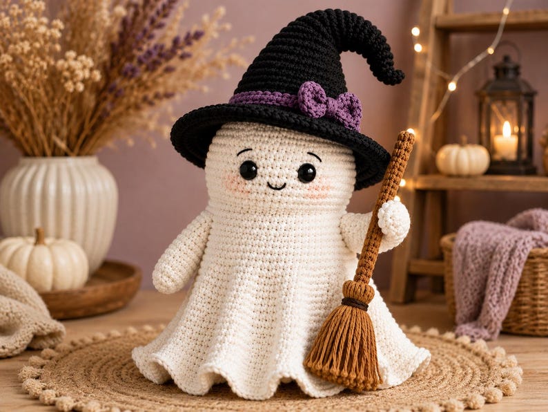 May include: A white crocheted ghost doll wearing a black witch hat with a purple bow. The ghost has black bead eyes, a small stitched smile, and pink blush on its cheeks. It holds a brown crocheted broomstick in one of its small arms.