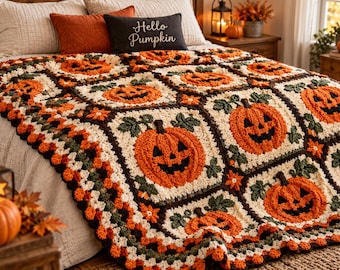 Pumpkin Granny Square Blanket – Halloween Crochet Pattern, Photo Tutorial , Fall Throw, Cozy Autumn Home Decor, PDF Download