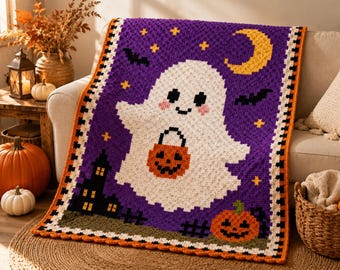 Crochet Ghost Blanket Pattern - Halloween C2C Corner to Corner Throw with Written Instructions PDF