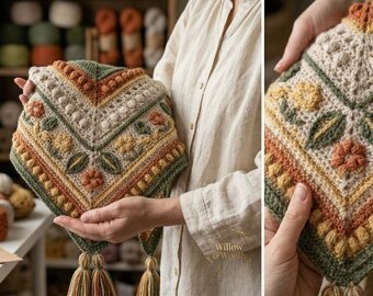 Artisanal Woodland Floral Shawl Crochet Pattern - Boho Triangle Scarf DIY - Textured Botanical Wrap Guide - Cozy Cottagecore Accessory