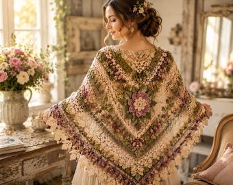 Crochet Floral Lace Shawl Pattern PDF, Triangle Flower Motif Wrap, Summer Stole, Instant Download, DIY Gift Idea