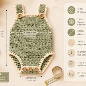 Crochet Baby Romper Pattern PDF - Easy Infant Overalls, Newborn to 12M, Beginner Friendly, Instant Download