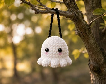 Crochet Ghost Car Mirror Hanger Pattern PDF, Cute Amigurumi Halloween Ornament, Spooky Fall Decor DIY