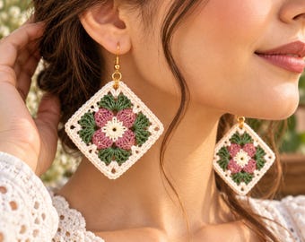 Crochet Square Earrings Pattern PDF - Lace Floral Jewelry Tutorial, DIY Boho Dangles, Digital Download