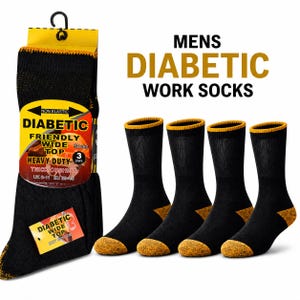 May include: A pack of three pairs of black work socks with orange accents on the toes and cuffs. The packaging features the text MENS DIABETIC WORK SOCKS, NON ELASTIC, DIABETIC FRIENDLY WIDE TOP, HEAVY DUTY, THICK CUSHION, and UK 6-11 EU 39-45.
