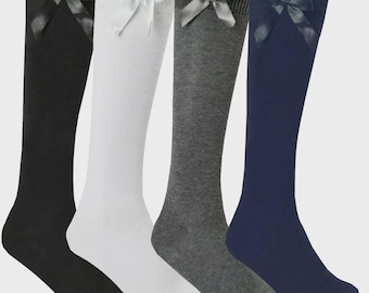 Girls Knee High Socks, Cotton Rich, Satin Ribbon Bows, School Wear 6 Pairs