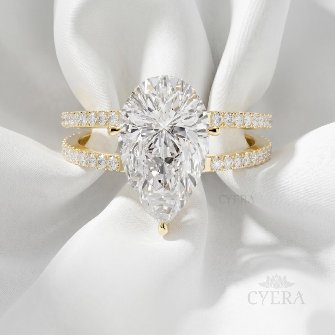Pear Cut Solitaire Engagement Ring, Split Shank Pave Diamond Band, 14K ...