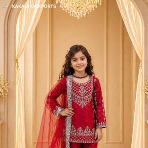 Girls Designer Red Co-Ord Set with Dupatta, Crepe Silk Embroidered Kids Ethnic Outfit