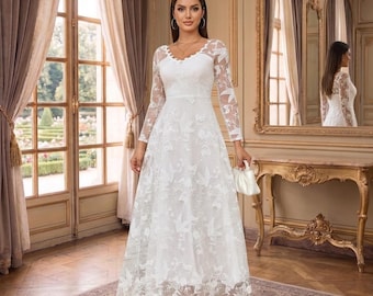 Abito da sposa a maniche lunghe, elegante abito da sposa per cerimonia civile, abito da ricevimento sobrio con scollo a V, romantico abito lungo fino ai piedi per il fidanzamento.