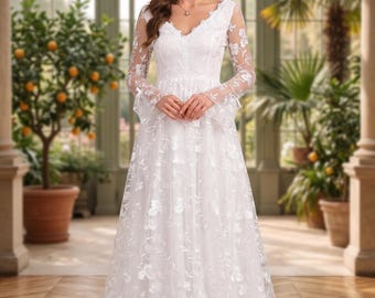 Romantic Floral Bridal Gown, Long Sleeve Boho Wedding Dress, Open Back Botanical Dress, A-Line Fairy Tale Wedding Apparel, V-Neck Gown