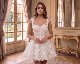 Abito da sposa corto con decorazioni floreali 3D, abito da sposa bianco con corsetto, mini abito per ricevimento, fidanzamento, festa, cocktail, applicazioni floreali.