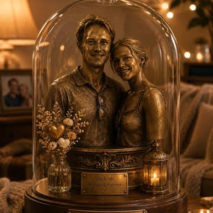 Peut inclure: Une sculpture en bronze représentant un couple sous une cloche en verre sur un socle en bois. Le socle porte une plaque indiquant 'Our Story. Our People. Our Forever.' et une plus petite 'You & Me Always & Forever'. Inclut une lanterne et des fleurs.