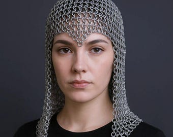 Lightweight Aluminum Chainmail Coif Hood for Women | Anodized Butted Chain Mail Head Scarf | Medieval LARP cosplay armor