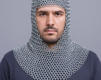 Medieval Steel Chainmail Armor Shirt with Hood | LARP SCA Cosplay Chain Mail Costume | Fantasy Reenactment Armor for Men & Women
