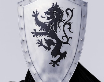 Handmade Medieval Knight Shield with Black Lion | Templar Crusader Heater Shield for Cosplay LARP Reenactment & Display
