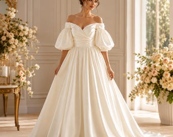 Luxury Off Shoulder Satin Wedding Dress with Puff Sleeves, A-Line Bridal Gown with Train, Elegant Princess Wedding Dress for Bride