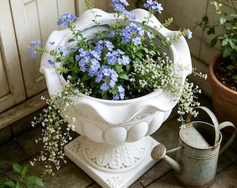 White Classical Urn Planter, 13.4" Square Base Pedestal Flower Pot for Garden
