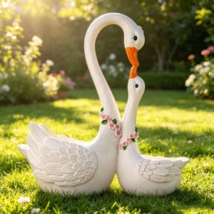 May include: A white swan garden sculpture with two swans in a kissing pose. The swans have orange beaks and are adorned with pink floral garlands. The sculpture is set on a grassy lawn, with sunlight in the background.