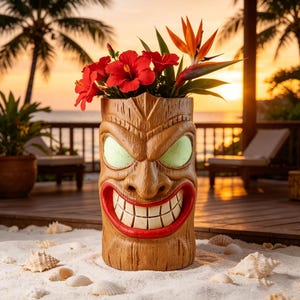 Large Tiki Statue Planter, Tropical Outdoor Flower Pot for Patio & Tiki Bar