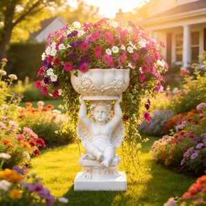 Vintage Cherub Holding Urn Planter, 19.8" White Angel Garden Statue Flower Pot