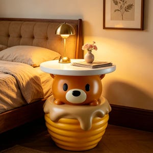 May include: A bedside table shaped like a brown bear head resting on a yellow honey pot base with a white circular top. On the table sits a gold mushroom-shaped lamp, a small white vase with pink flowers, and a stack of magazines.