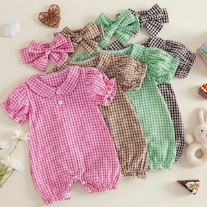 Baby Girl Summer Plaid Romper Set • Ruffled Bubble Romper with Matching Headband • Toddler Gingham Outfit • Newborn Baby Shower Gift