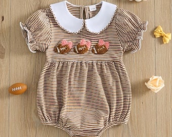 Baby Girl Football Romper | Striped Game Day Jumpsuit | Smocked Football Embroidery Bodysuit | Short Sleeve Doll Collar Summer Infant Outfit