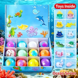 Set de regalo de bombas de baño Ocean Surprise, con juguetes ocultos, bombas de baño con juguetes para niños con sorpresa de animales marinos, diversión en el baño tipo spa para niños.