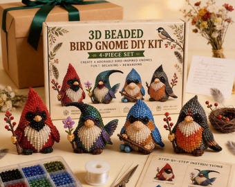 Handmade 3D Beaded Gnome Set - 4 Piece DIY Kit, Relaxing Hobby & Home Decor Gift Suitable for all age groups