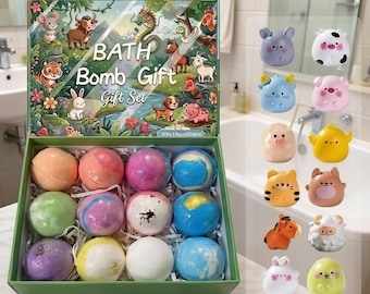 12 Zodiac Animal Bath Bomb Set, Handmade Fizzy Spa Bombs, Colorful Surprise Toys Inside, Fun Gift for Kids & Adults