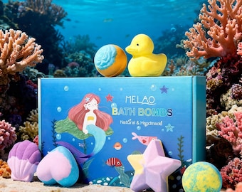 Mermaid Bath Bomb Gift Set for Kids, Ocean Bubble Bath Fizzy Set, Handmade SPA Bath Bombs with Cute Sea Shapes & Toys