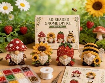 Handmade 3D Beaded Gnome Set - 4 Piece DIY Kit, Relaxing Hobby & Home Decor Gift Suitable for all age groups