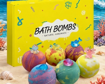 Ocean Animal Bath Bomb Gift Set, Handmade Kids Bath Bombs with Surprise Sea Creatures, Colorful Spa Bath Fizzy Box