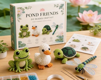 Pond Friends Beaded Animal Craft Kit – DIY Frog, Duck, Turtle, Dragonfly Figures