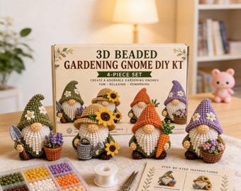 Handmade 3D Beaded Gnome Set - 4 Piece DIY Kit, Relaxing Hobby & Home Decor Gift Suitable for all age groups