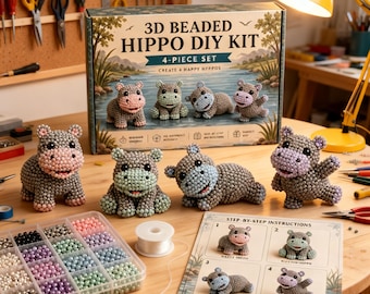 3D Beaded Hippo DIY Kit – 4-Piece Set, Craft Hobby for Kids Adults