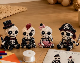 3D Beaded Skeleton DIY Kit, Halloween Bead Craft Set, Cute Skull Figure Making Kit, Handmade Beading Gift for Adults & Teens