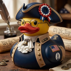 Puede incluir: Un pato de goma amarillo con un sombrero tricornio azul, gafas y una chaqueta de estilo colonial con botones dorados. El pato tiene un pico rojo y una cinta patriótica. El fondo incluye documentos históricos y monedas.