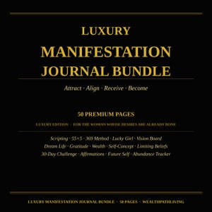 May include: A black background with gold text promoting a "Luxury Manifestation Journal Bundle." The text includes "Attract, Align, Receive, Become" and lists 50 premium pages with various methods like scripting and affirmations. The bottom text reads "Luxury Manifestation Journal Bundle, 50 Pages."